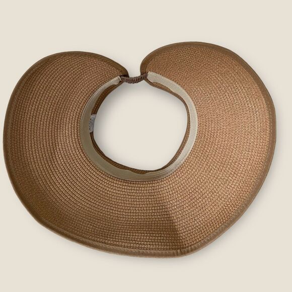 Woven Hat Tan Paper Straw Sun Visor Silver Band Accent Elastic Back One Size - Picture 5 of 9